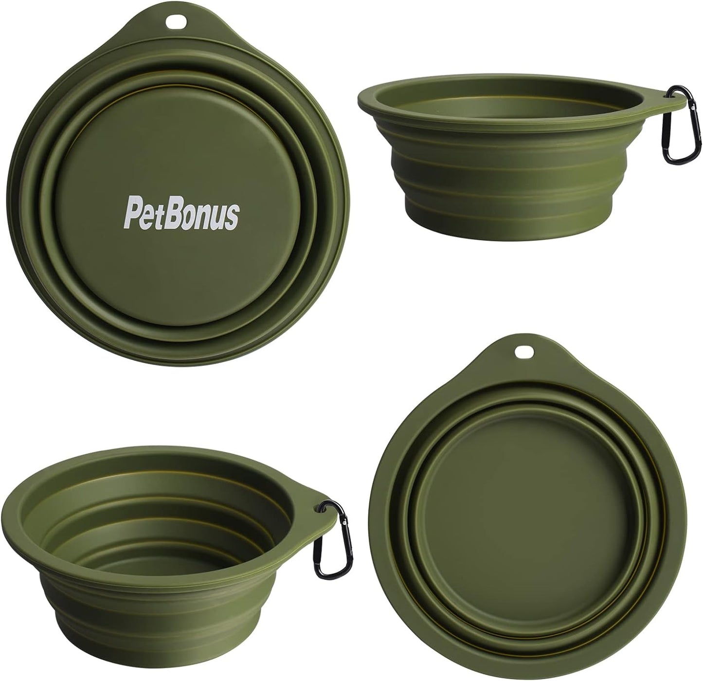 2-Pack Silicone Collapsible Dog Bowls, BPA Free Dishwasher Safe, Portable Foldable Expandable Travel Bowl, Food Water Feeding Cup Dish for Dogs Cats with 2 Carabiners (Army Green, Navy Blue)