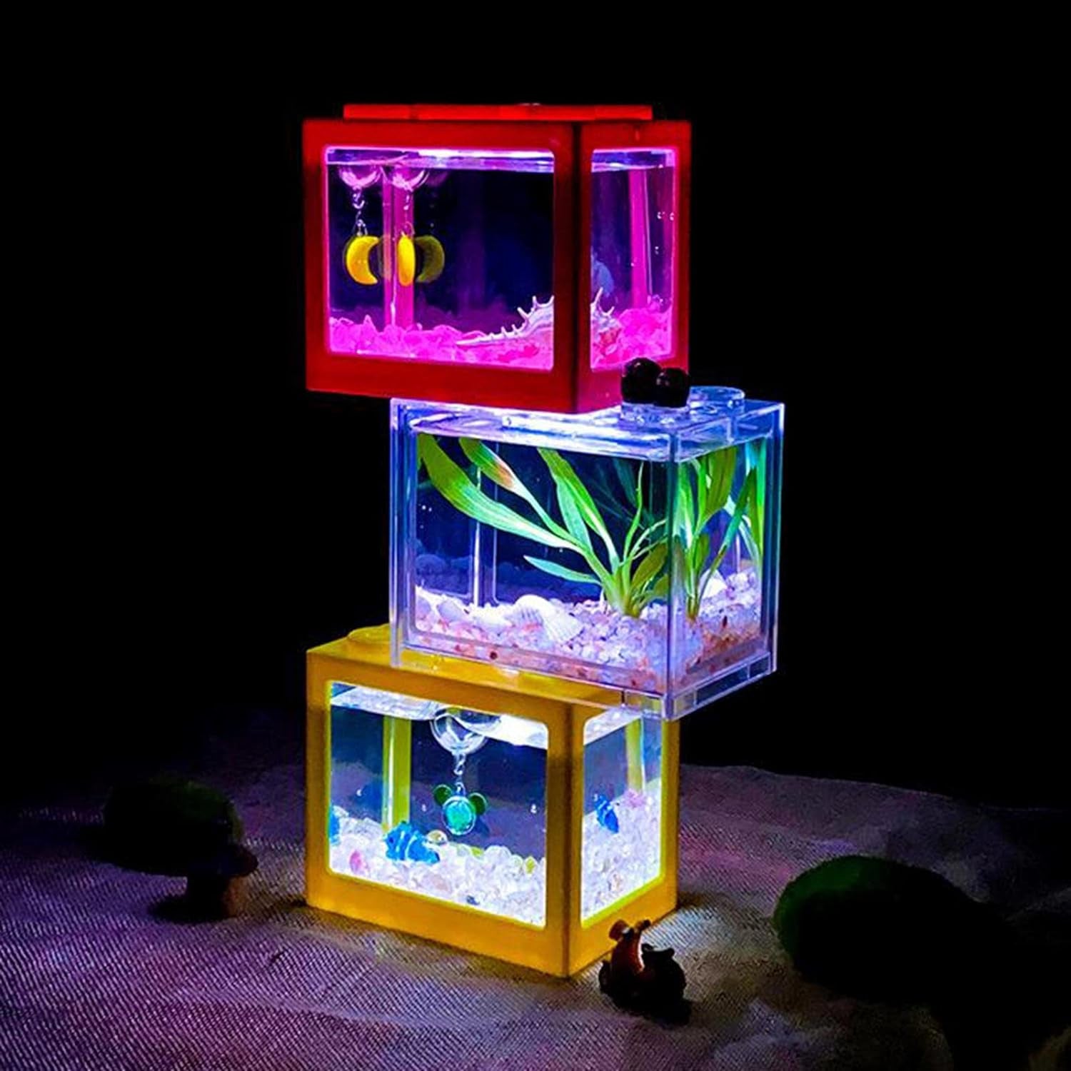 Mini Fish Tanks Betta Fish Tank Aquarium Tank Building Block Fish Bowl Office Table Decoration Home Decor LED Light Feeding Box - Black