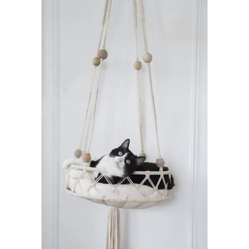 Pet Cat Hammock Swing Bed Bohemian Handwoven Tapestry Cotton Macrame for Home Bedroom Decoration Wall Hanging without Mat