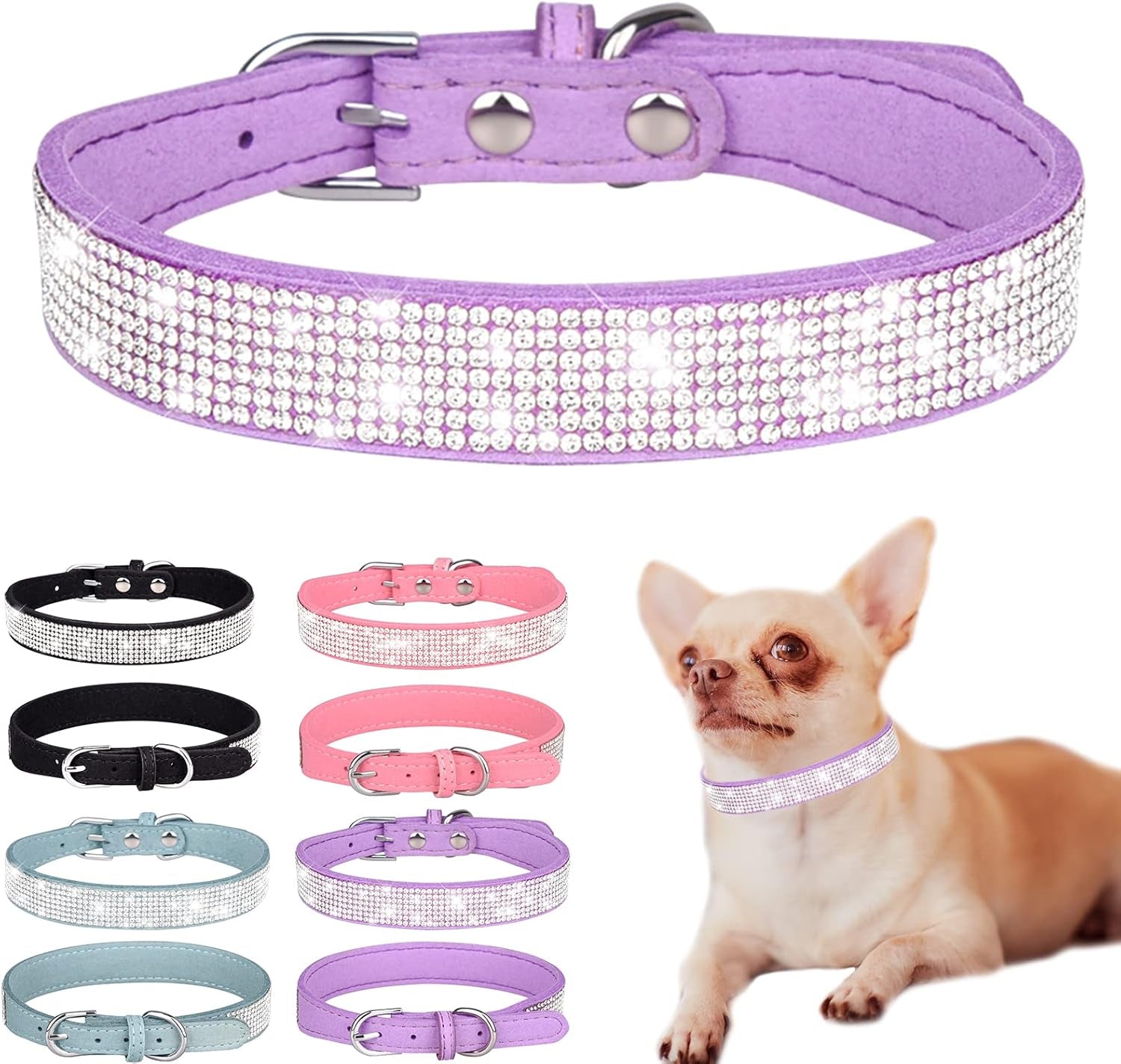 Rhinestone Dog Collar Soft Velvet Leather Cat Collars Cute Luxury Diamond Studded Bling Dog Collar Necklaces Adjustable Puppy Collar for Small Medium Large Dogs Cats Kitten (Purple,Xs)