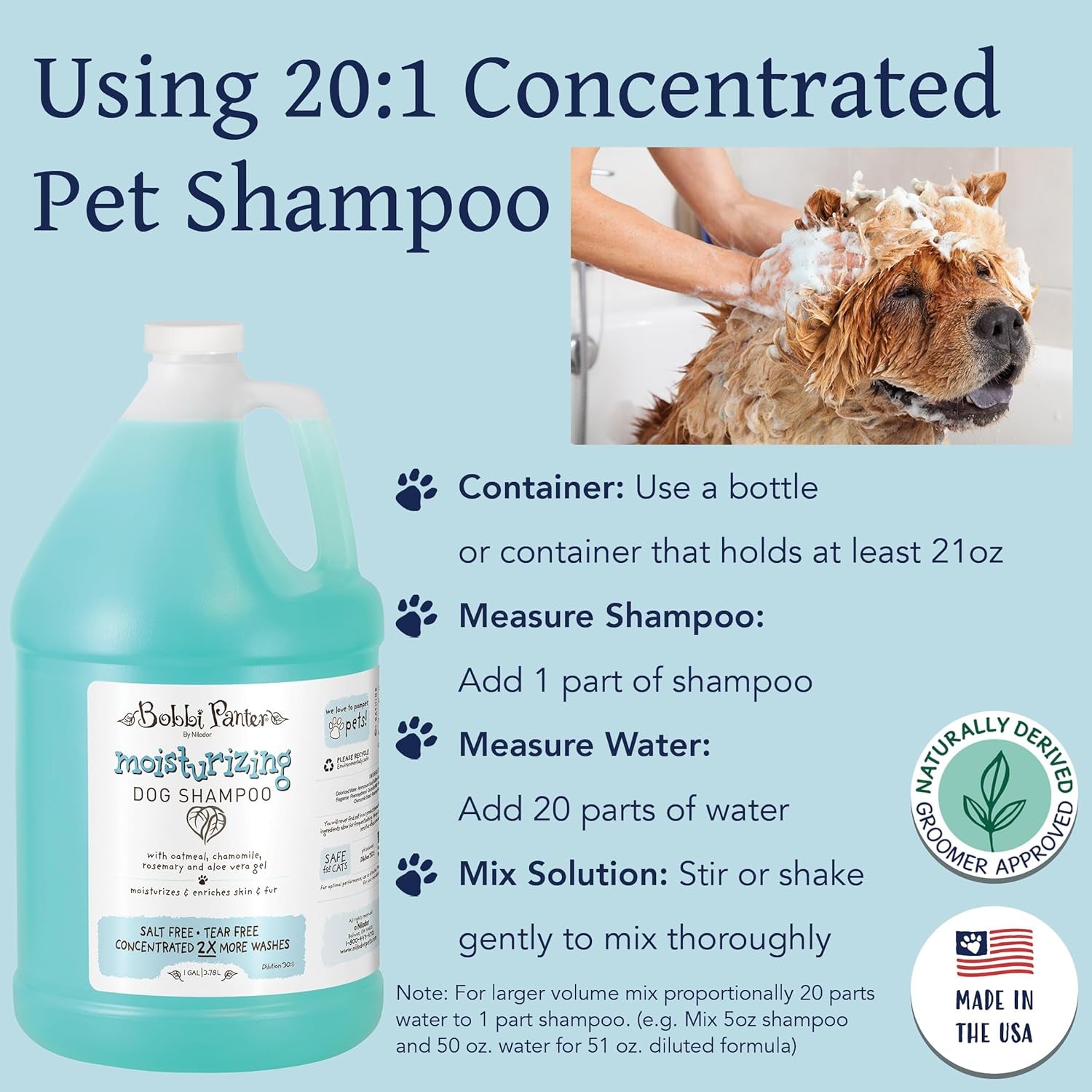 Nilodor Moisturizing Dog Shampoo, Moisturizes and Enriches Dogs Skin & Fur, Soft Sea Air Fragrance, Concentrated 30:1, Made in the USA, 1 Gal.