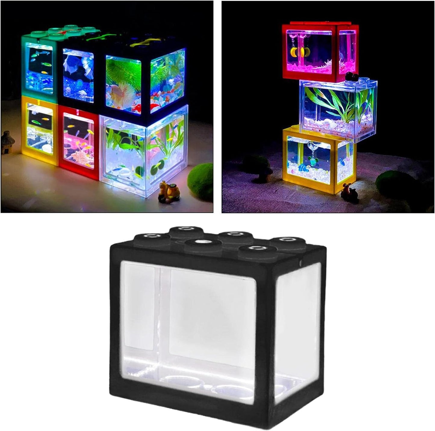 Mini Fish Tanks Betta Fish Tank Aquarium Tank Building Block Fish Bowl Office Table Decoration Home Decor LED Light Feeding Box - Black