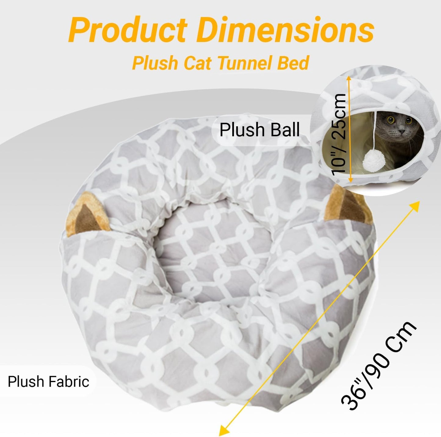 Large Cat Tunnel Bed with Plush Cover,Fluffy Toy Balls, Small Cushion and Flexible Design- 10 Inch Diameter, 3 Ft Length- Great for Cats, and Small Dogs, Gray Geometric Figure