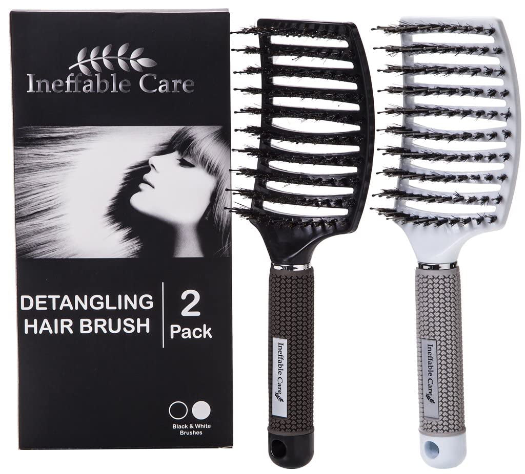 Boar Bristle Hair Brush Set – Curved and Vented for Wet and Dry Detangling Hair Brush for Women Long, Thick, Thin, Curly & Tangled Hair Vent Brush - Stocking Stuffers Gift Kit