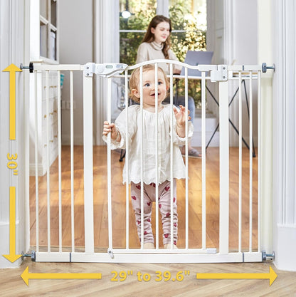 29-39.6" Baby Gate for Stairs, Auto Close Both Sides Dog Gate with One-Hand Opening, 30" Tall Safety Gates for Pets, Hallways, Bedrooms, Wall Pressure Mount No Drill, White