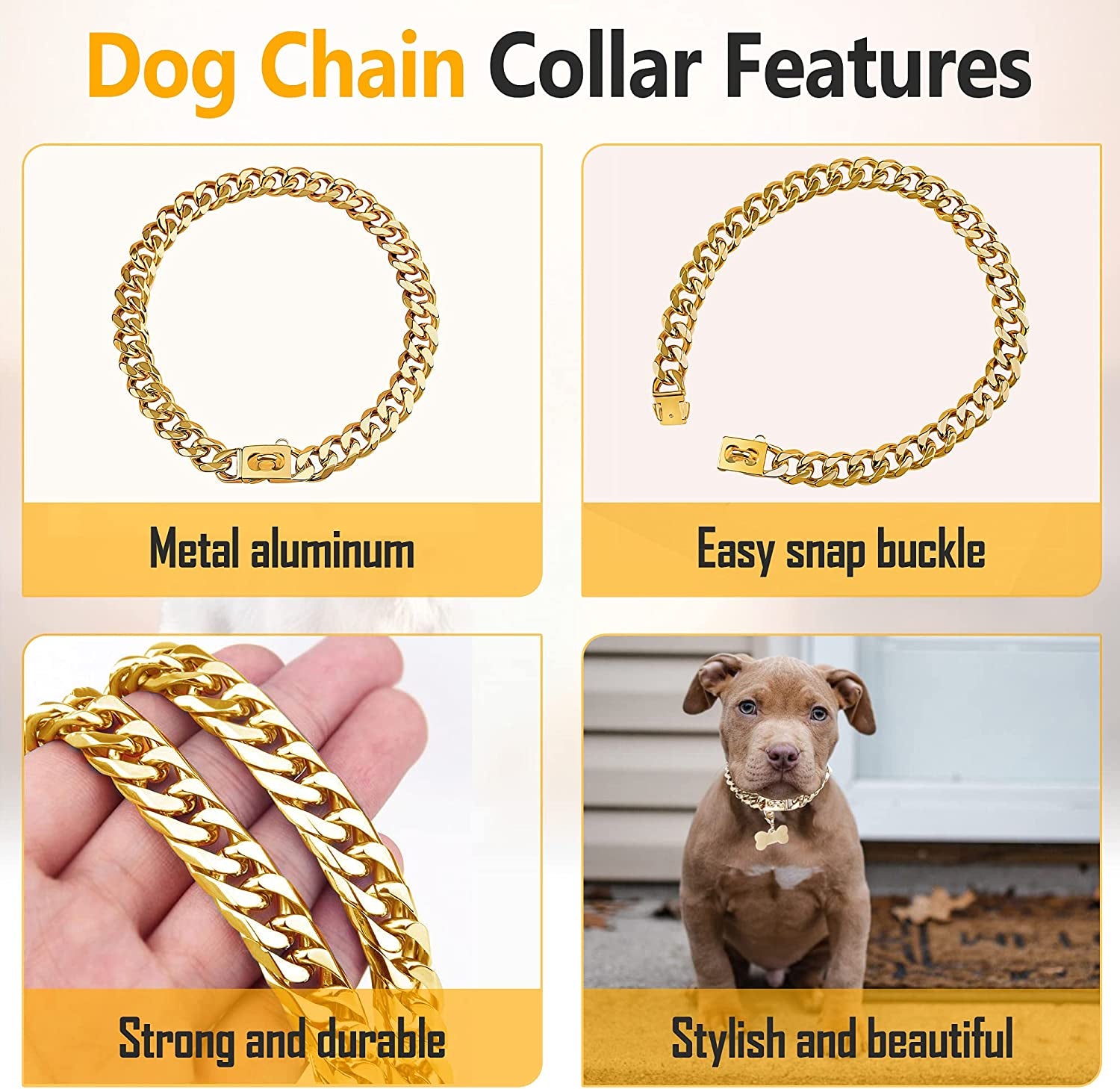 Gold Dog Chain Collar 19Mm Stainless Steel Cuban Link Chain Strong Heavy Duty Chew Proof Dog Necklace with Buckle for Luxury Training Dog Chain Collars for Medium Large Dog Gold Chain (16 Inch)